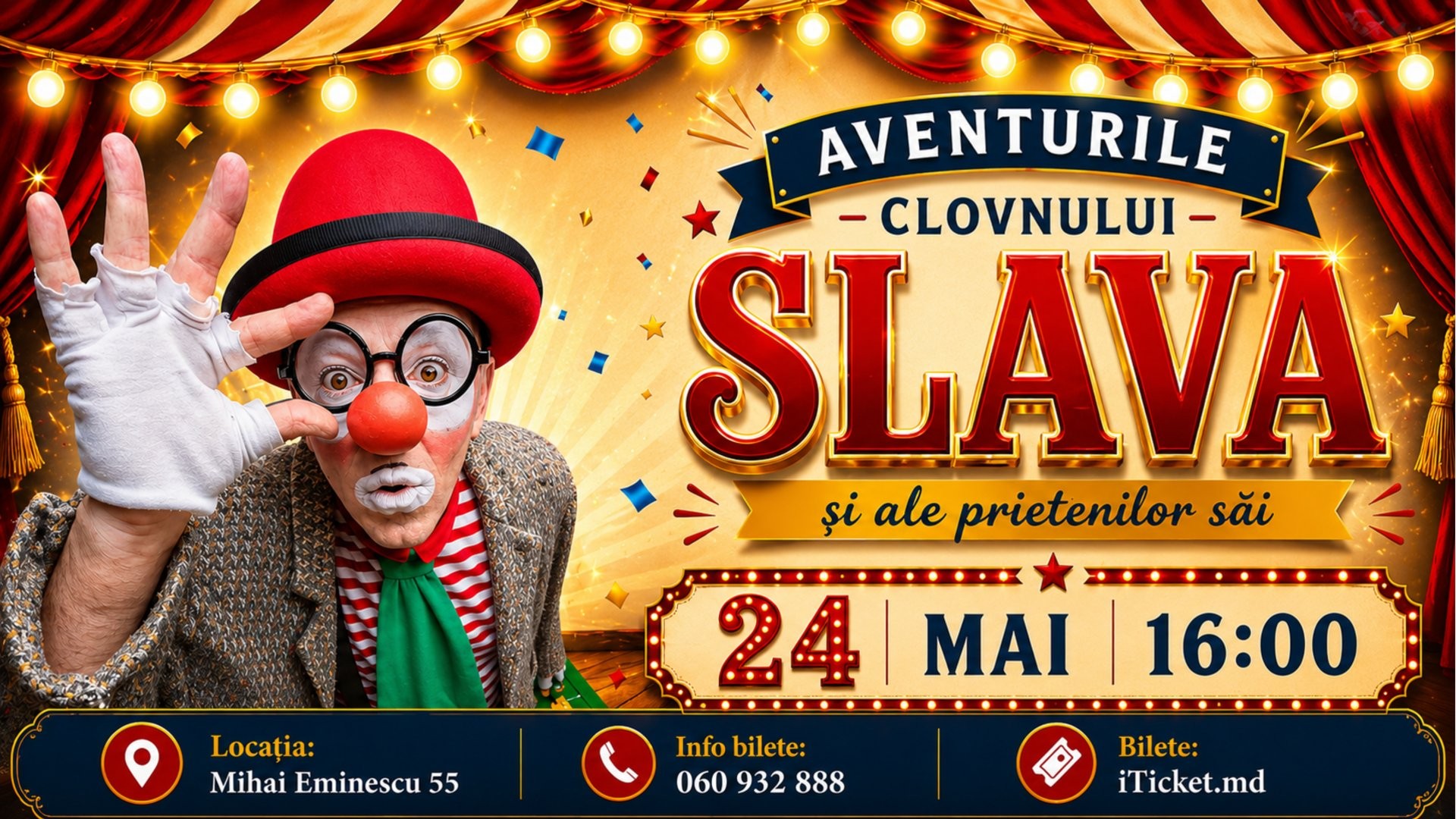 Aventurile Clovnului Slava şi ale Prietenilor săi - Spectacol pentru copii | 24 MAI 2026 | 16-00