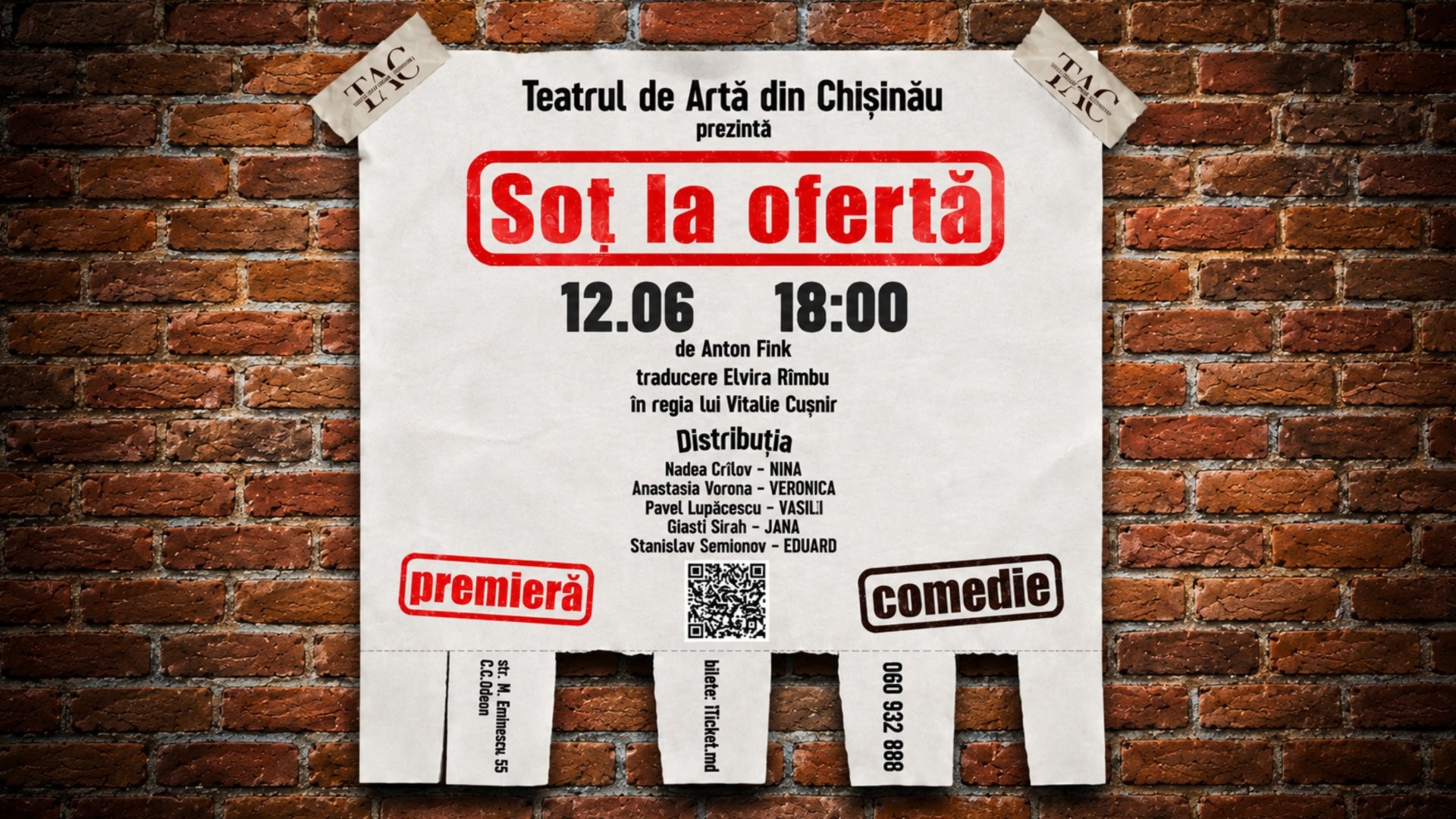 PREMIERĂ! COMEDIA ”Soț la Ofertă”  | 12 IUNIE 2026 | 18-00 | TEATRUL DE ARTĂ din CHIȘINĂU | TAC