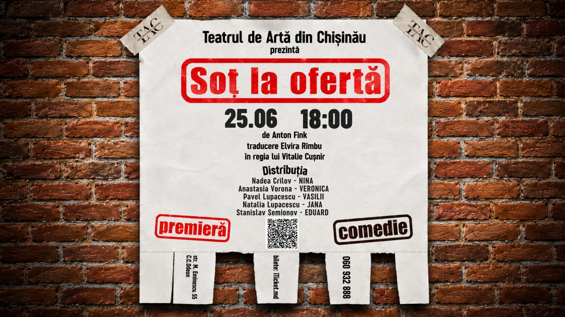 PREMIERĂ! COMEDIA ”Soț la Ofertă”  | 25 IUNIE 2026 | 18-00 | TEATRUL DE ARTĂ din CHIȘINĂU | TAC