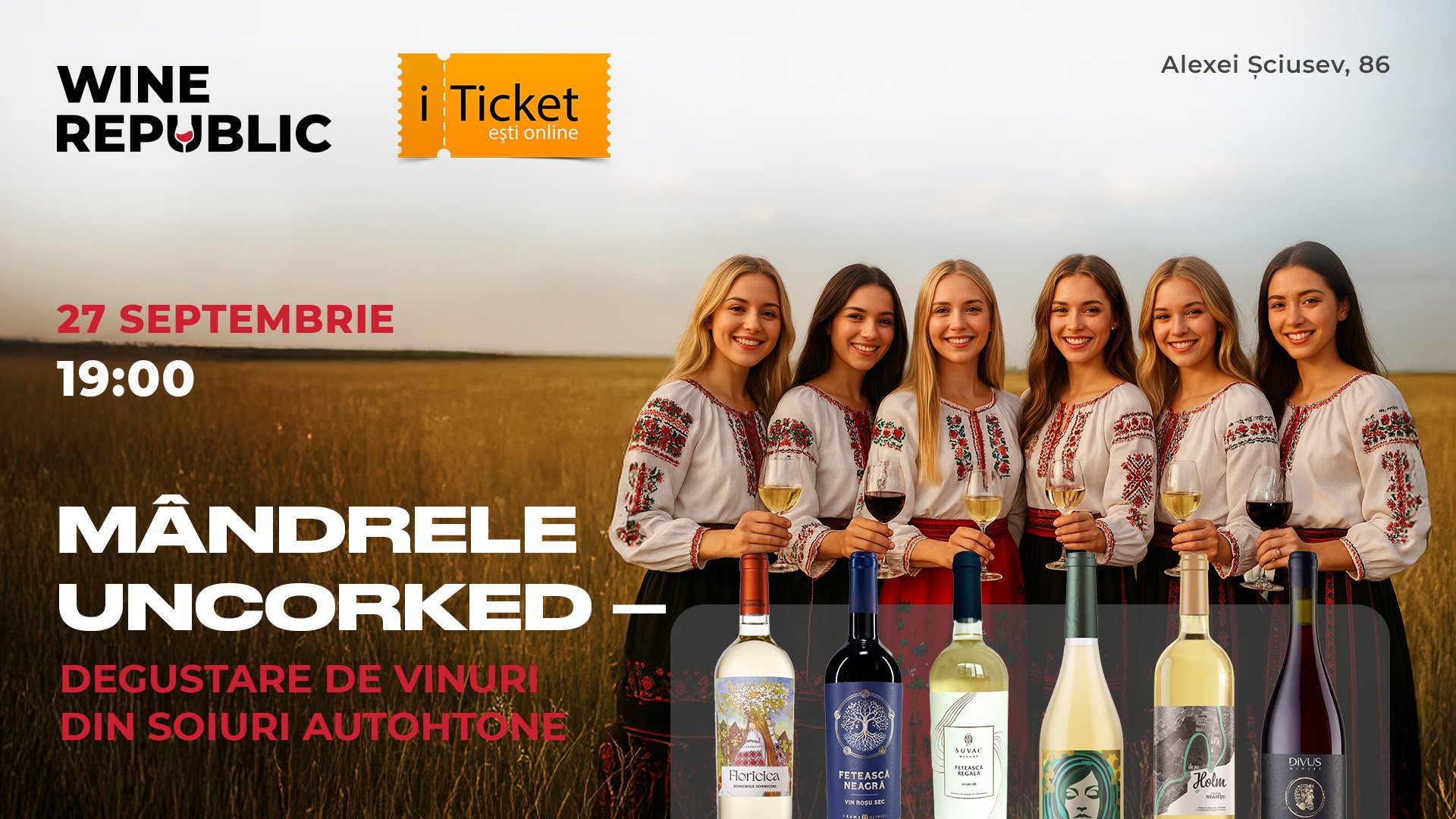 Mândrele Uncorked – Tasting of Wines from Indigenous Varieties  On September 27, Saturday, at 19:00, Wine Republic (86 Alexei Șciusev Street) will become the stage of a true ballad of Moldovan wine — 6 beauties, 6 souls of the land, waiting to be discover