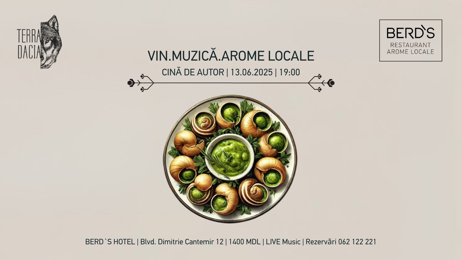 Cină de Autor cu Melci Moldovenești în stil VIN.MUZICĂ.AROME LOCALE | TERRA DACIA Winery | Muzică LIVE